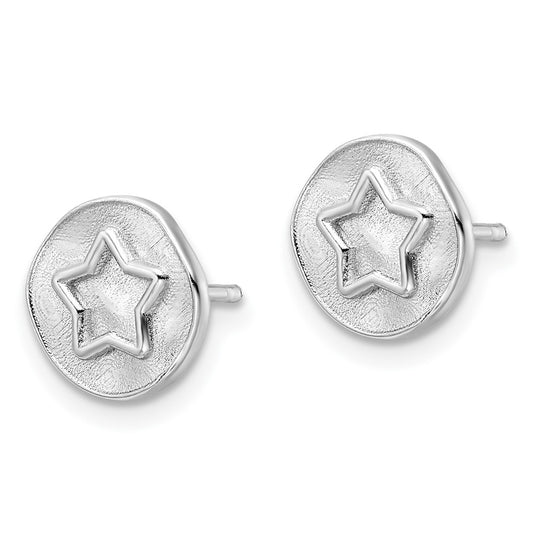 Rhodium-plated Sterling Silver Star in Satin Circle Post Earrings