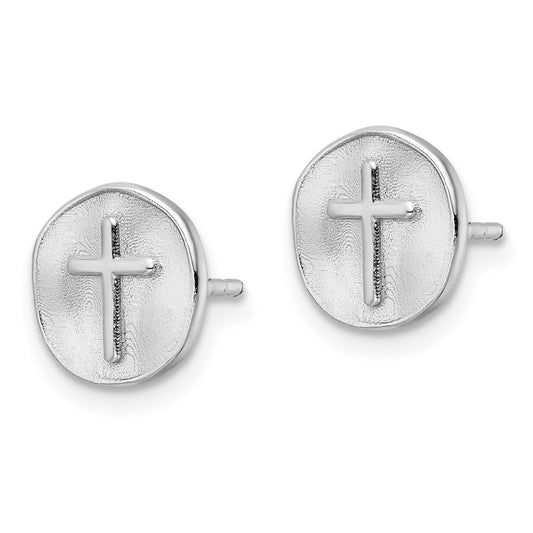 Rhodium-plated Sterling Silver Cross in Satin Circle Post Earrings