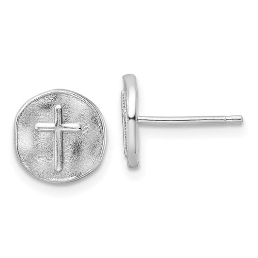 Rhodium-plated Sterling Silver Cross in Satin Circle Post Earrings