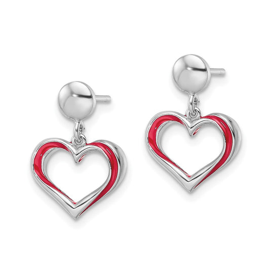 Rhodium-plated Sterling Silver Red Enamel Open Heart Dangle Earrings