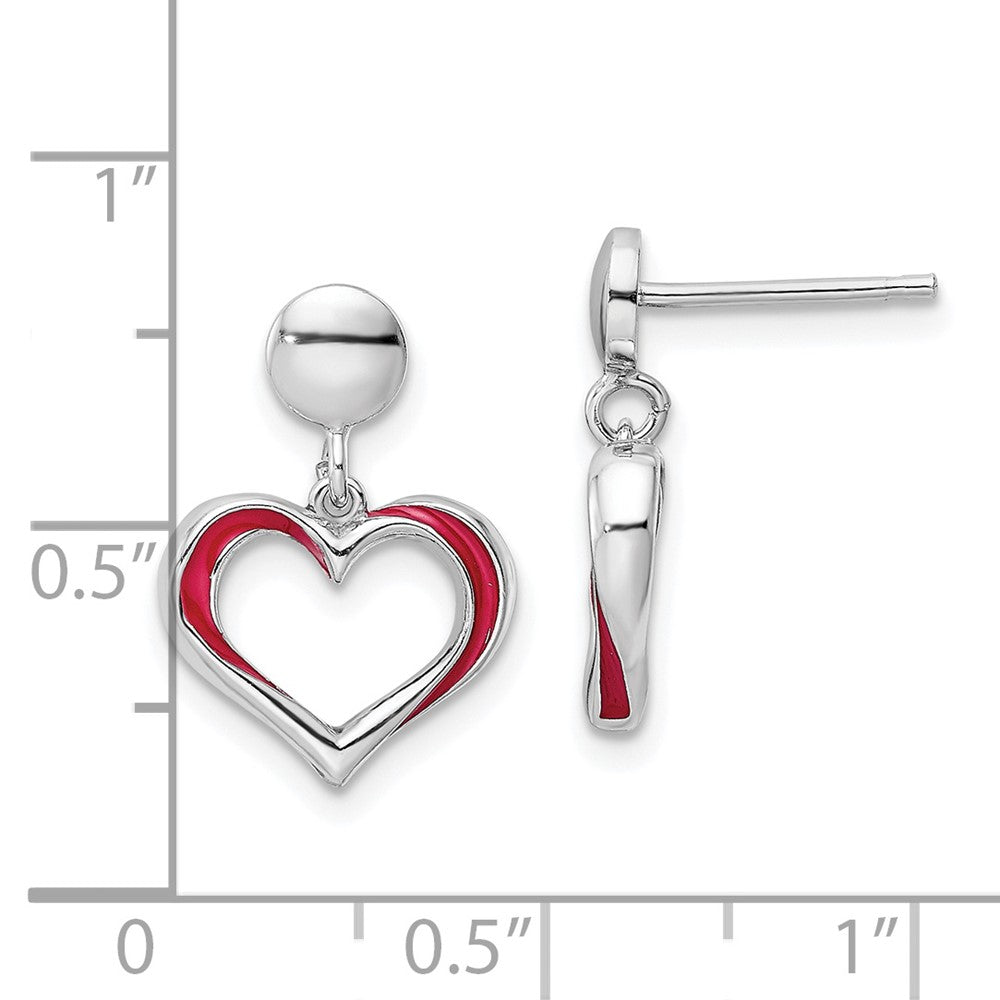 Rhodium-plated Sterling Silver Red Enamel Open Heart Dangle Earrings