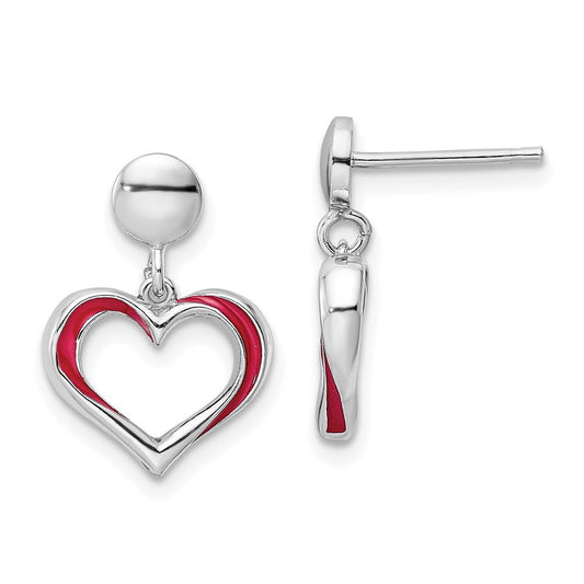 Rhodium-plated Sterling Silver Red Enamel Open Heart Dangle Earrings