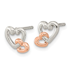 Sterling Silver & Rose Gold-plated Polish Double Heart Post Earrings