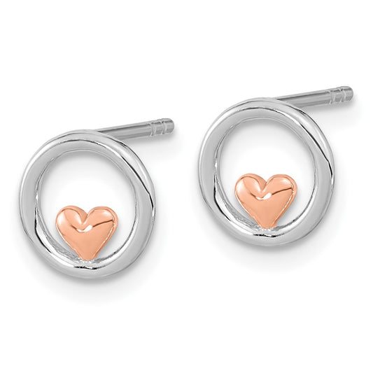 Rhodium-plated Silver & Rose Gold-plated Circle with Heart Post Earrings