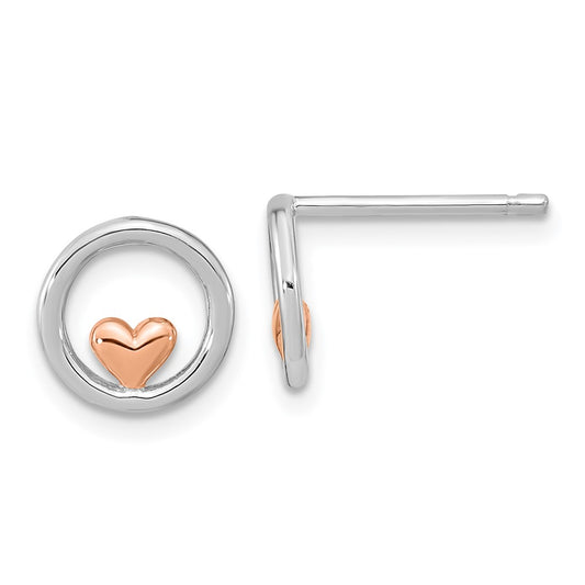Rhodium-plated Silver & Rose Gold-plated Circle with Heart Post Earrings