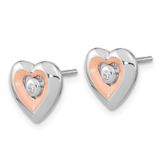 Rhodium-plated Silver & Rose Gold-plated Diamond Heart Post Earrings