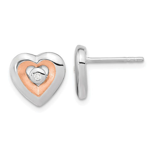 Rhodium-plated Silver & Rose Gold-plated Diamond Heart Post Earrings