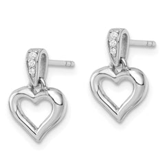 Rhodium-plated Sterling Silver Polished CZ Heart Post Dangle Earrings