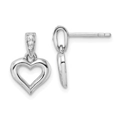 Rhodium-plated Sterling Silver Polished CZ Heart Post Dangle Earrings