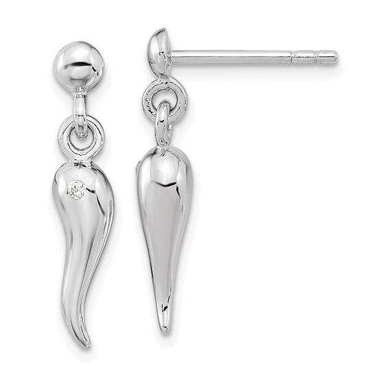 Rhodium-plated Silver Polish CZ Italian Horn Dangle Post Earrings