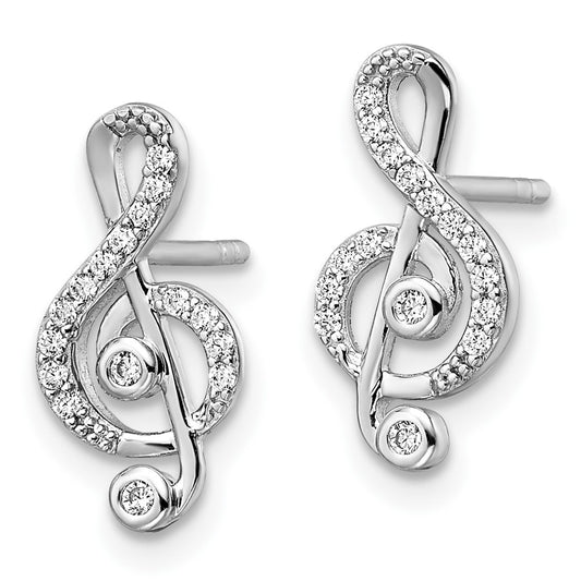 Rhodium-plated Sterling Silver CZ Treble Clef Post Earrings