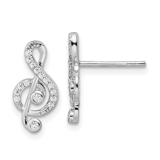 Rhodium-plated Sterling Silver CZ Treble Clef Post Earrings