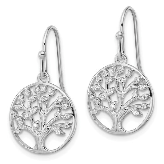 Rhodium-plated Sterling Silver Dangle Polished CZ Tree of Life Earrings