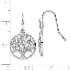 Rhodium-plated Sterling Silver Dangle Polished CZ Tree of Life Earrings