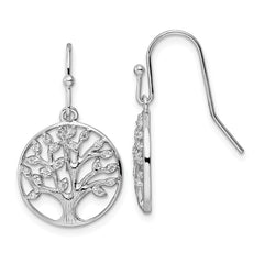 Rhodium-plated Sterling Silver Dangle Polished CZ Tree of Life Earrings