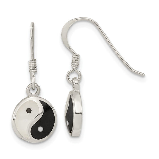 Sterling Silver Mother of Pearl and Black Resin Yin Yang Dangle Earrings