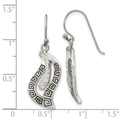 Sterling Silver Polished Enamel CZ Greek Key Dangle Shephard Hook Earrings