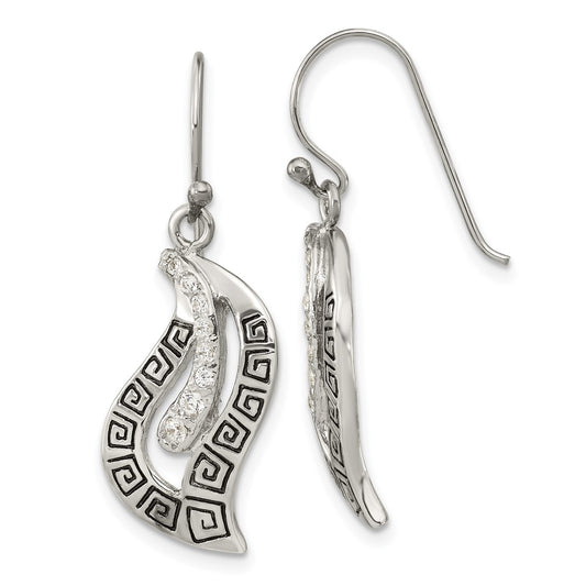 Sterling Silver Polished Enamel CZ Greek Key Dangle Shephard Hook Earrings