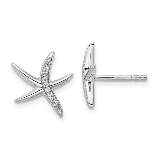Rhodium-plated Sterling Silver CZ Starfish Post Earrings