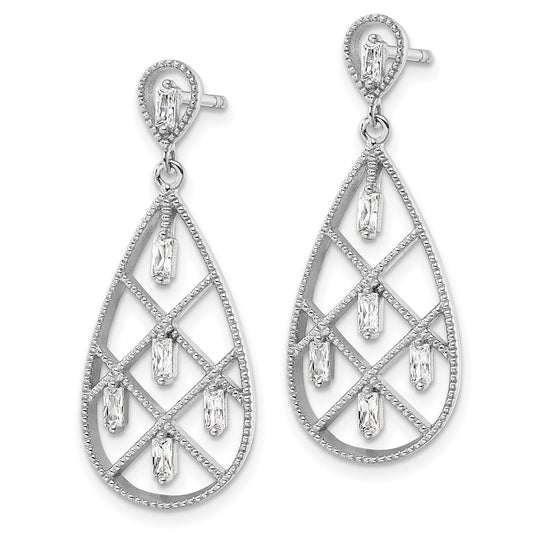 Rhodium-plated Sterling Silver Baguette CZ Teardrop Post Earrings