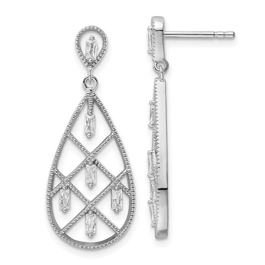 Rhodium-plated Sterling Silver Baguette CZ Teardrop Post Earrings