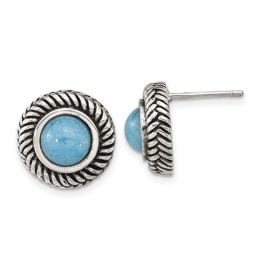 Sterling Silver Oxidized Imitation Turquoise Circle Post Earrings