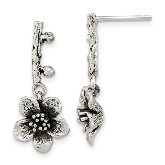 Sterling Silver Oxidized Flower with Branch Dangle Post Earrings