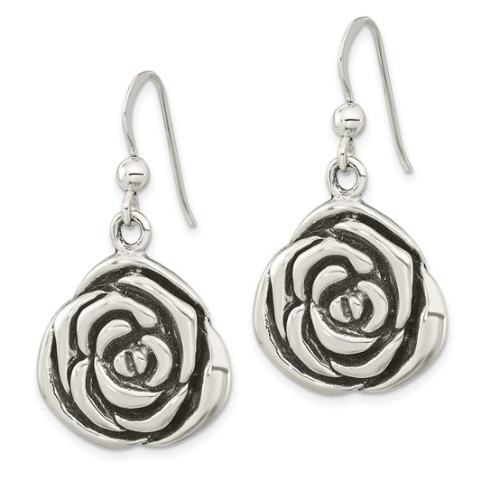 Sterling Silver Polished Antiqued Rose Dangle Earrings
