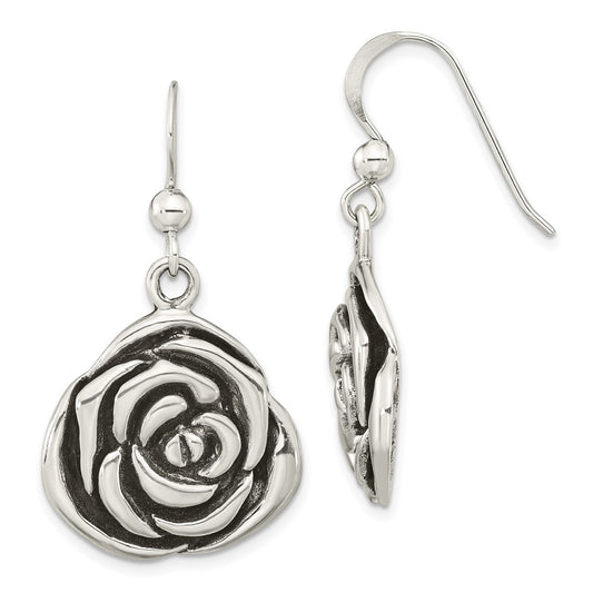 Sterling Silver Polished Antiqued Rose Dangle Earrings