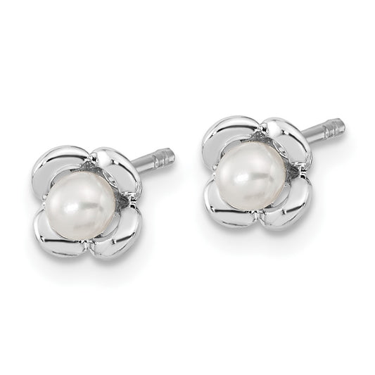 Rhodium-plated Silver Polished FWC Pearl Flower Post Earrings