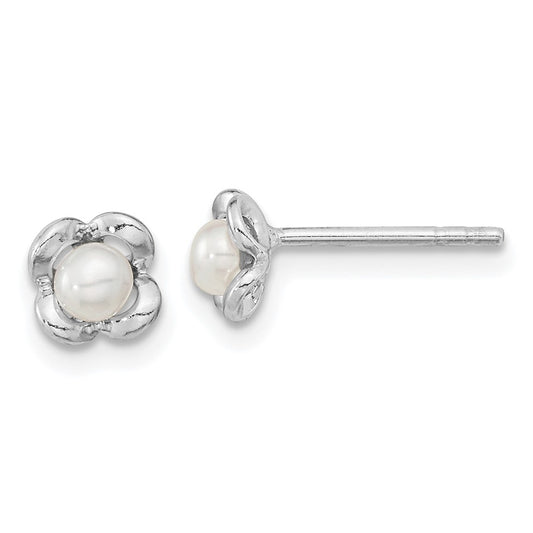 Rhodium-plated Silver Polished FWC Pearl Flower Post Earrings