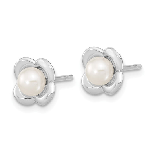 Rhodium-plated Silver Polished FWC Pearl Flower Post Earrings