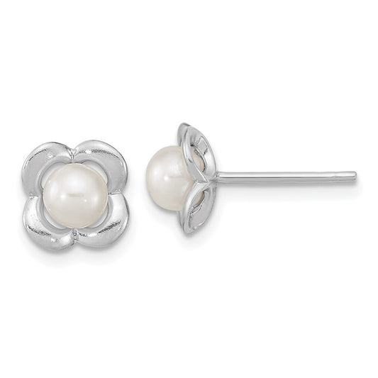 Rhodium-plated Silver Polished FWC Pearl Flower Post Earrings