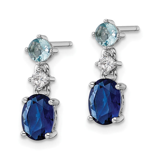 Rhodium-plated Sterling Silver CZ and Blue Glass Post Dangle Earrings