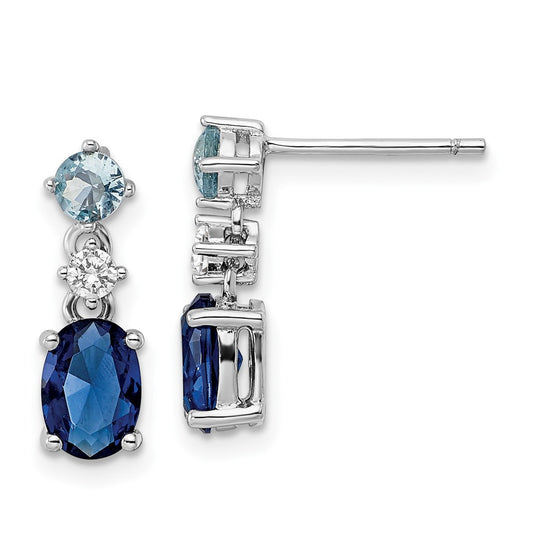 Rhodium-plated Sterling Silver CZ and Blue Glass Post Dangle Earrings