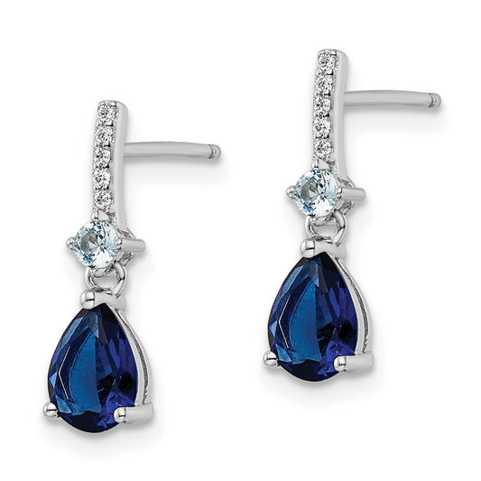 Rhodium-plated Sterling Silver CZ and Blue Glass Post Dangle Earrings