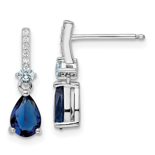 Rhodium-plated Sterling Silver CZ and Blue Glass Post Dangle Earrings