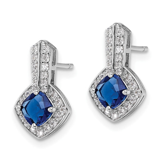 Rhodium-plated Sterling Silver CZ and Blue Glass Post Earrings