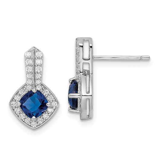 Rhodium-plated Sterling Silver CZ and Blue Glass Post Earrings