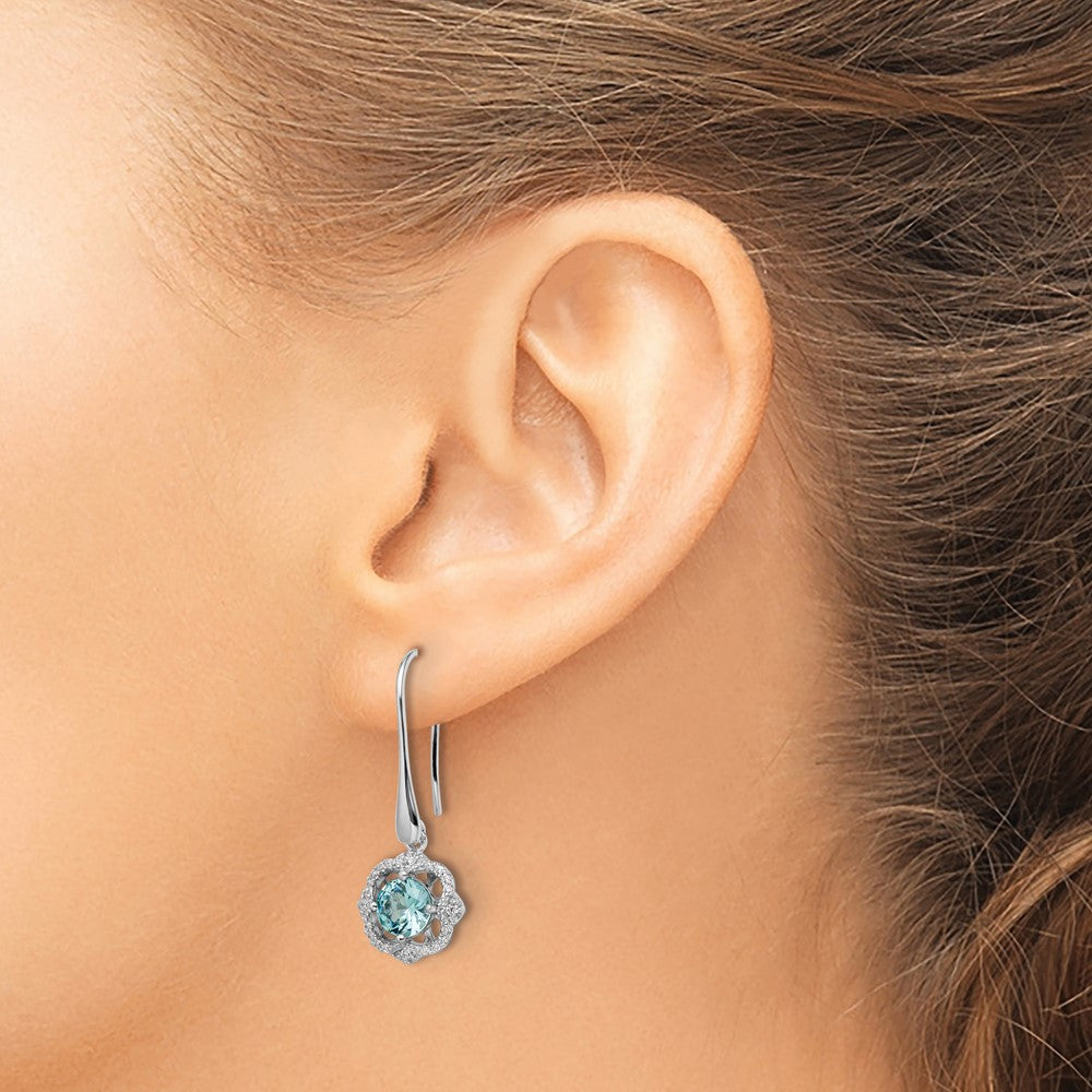 Rhodium-plated Sterling Silver Aquamarine & White CZ Dangle Earrings