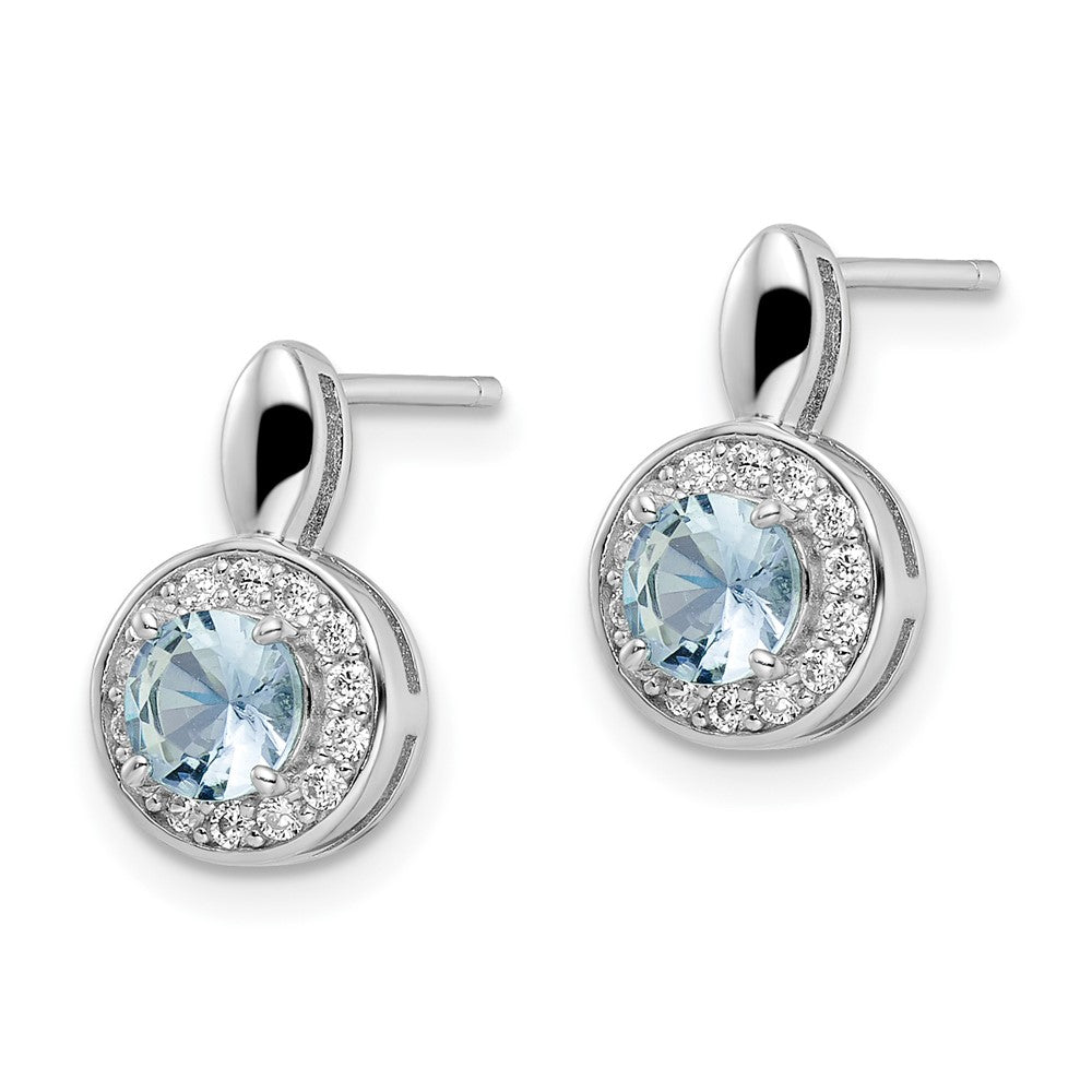 Rhodium-plated Sterling Silver CZ Light Blue Glass Stone Dangle Post Earrin