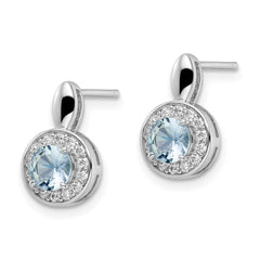 Rhodium-plated Sterling Silver CZ Light Blue Glass Stone Dangle Post Earrin