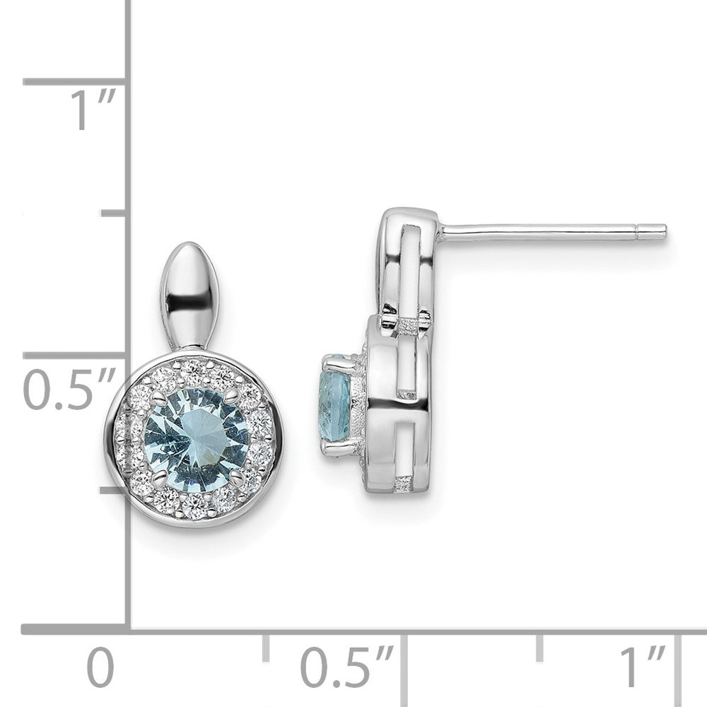 Rhodium-plated Sterling Silver CZ Light Blue Glass Stone Dangle Post Earrin