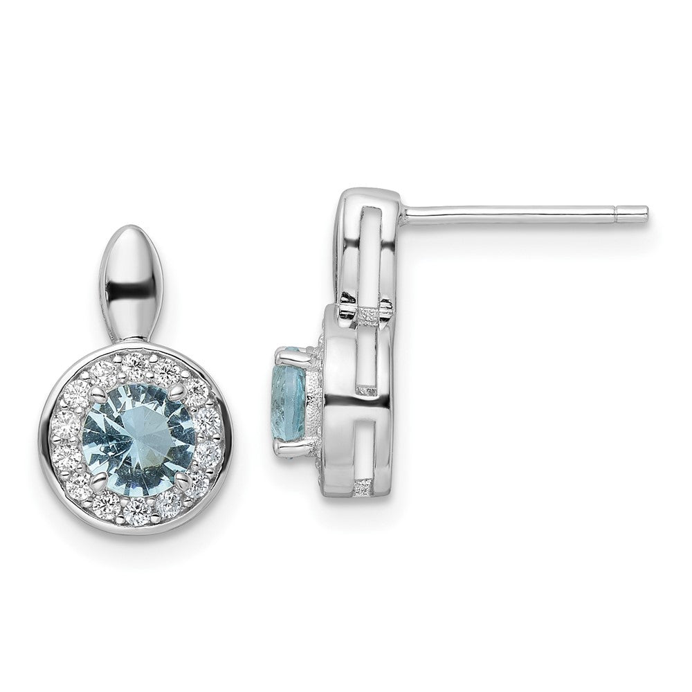 Rhodium-plated Sterling Silver CZ Light Blue Glass Stone Dangle Post Earrin