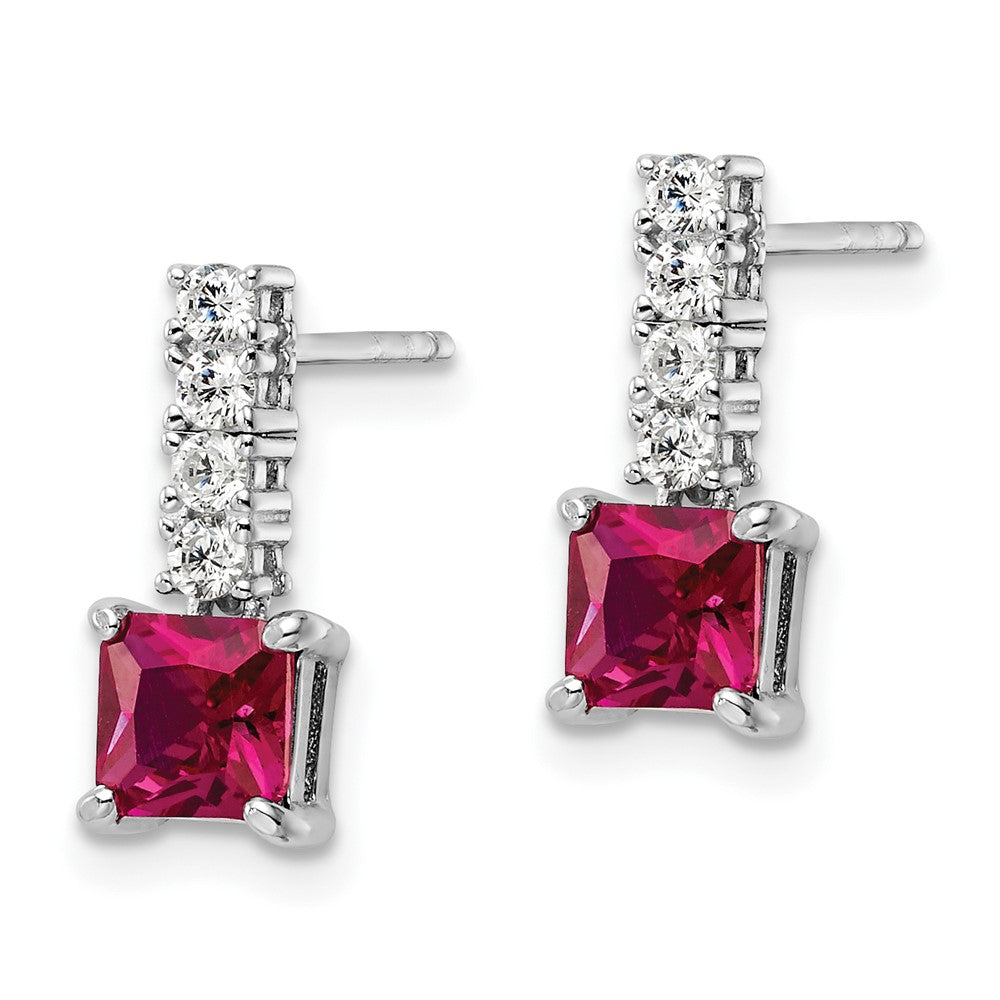 Rhodium-plated Sterling Silver Created Ruby and CZ Post Dangle Earrings