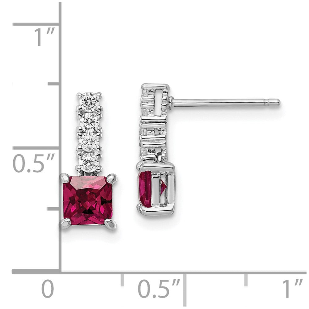 Rhodium-plated Sterling Silver Created Ruby and CZ Post Dangle Earrings