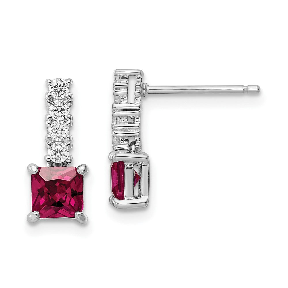 Rhodium-plated Sterling Silver Created Ruby and CZ Post Dangle Earrings