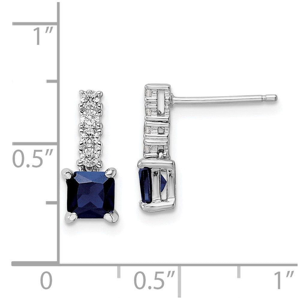 Sterling Silver Polished Rhodium Cr. Blue Spinel and CZ Post Dangle Earrings