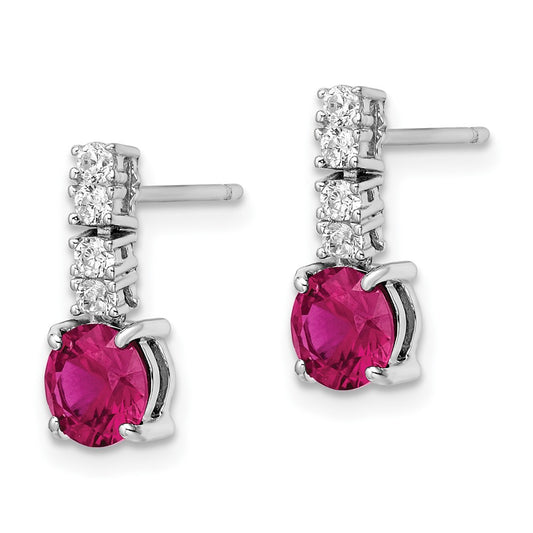 Rhodium-plated Sterling Silver Created Ruby and CZ Post Dangle Earrings