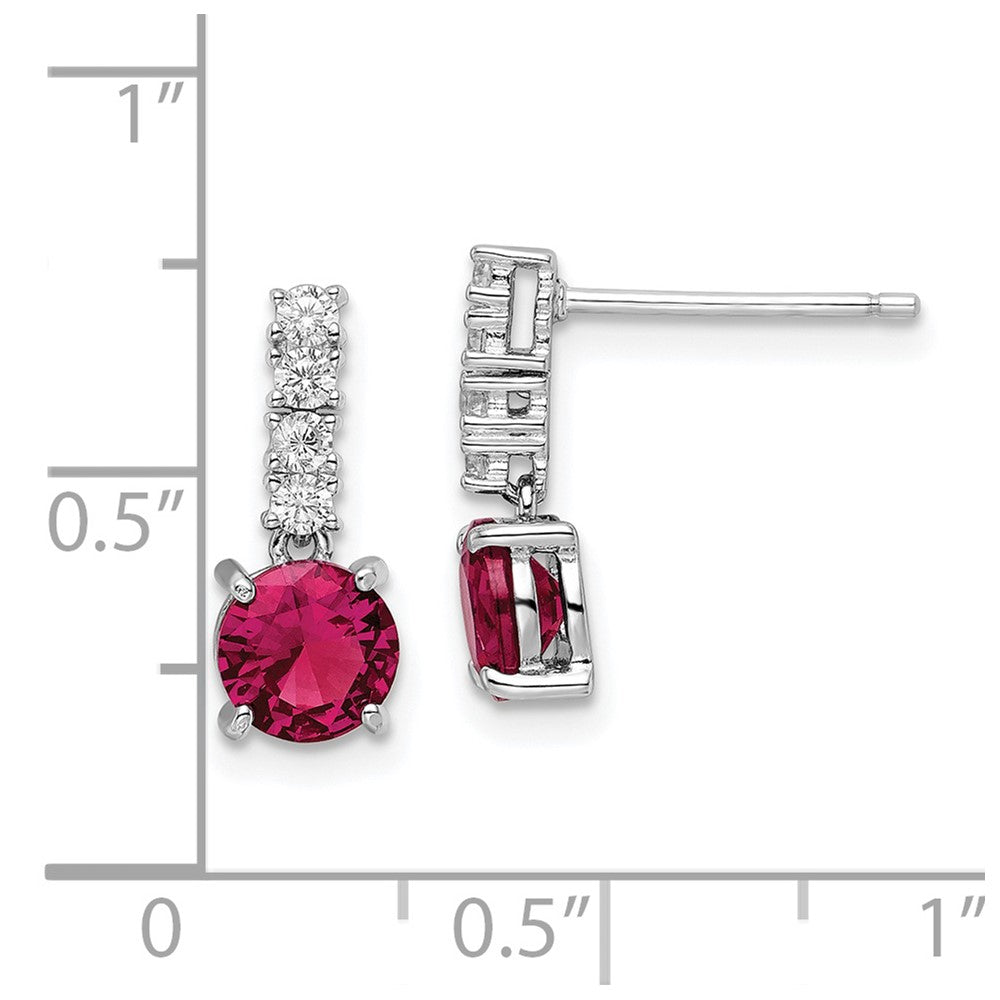 Rhodium-plated Sterling Silver Created Ruby and CZ Post Dangle Earrings